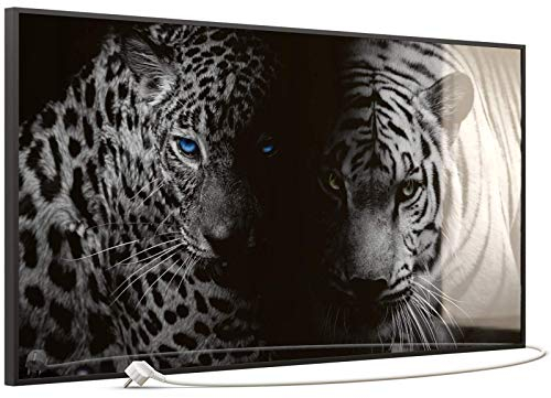 STEINFELD Heizsysteme® Glas Bild Infrarotheizung mit Thermostat | Made in Germany | viele Motive 350-1200 Watt Rahmen schwarz (750 Watt, 006 Leopard mit Tiger)
