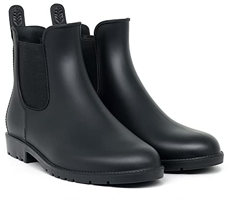 Geweo Wellies Chelsea Bottes de Pluie Imperméables pour Femmes Bottes de Pluie pour Femmes Bottes Respirantes en Caoutchouc Tige Courte Plate Semelle Épaisse Bottes de Travail Noir Taille 38
