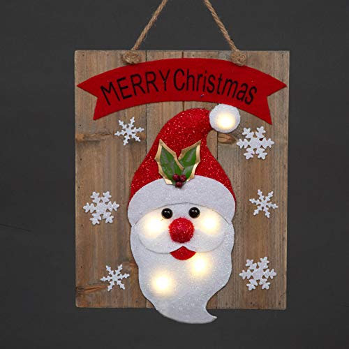 SHATCHI LED Light-Up Wooden Santa Snowflakes Wall Hanging Battery Operated 30x36cm-Merry Christmas Decoration, Wood, 30 x 3 x 36H cm
