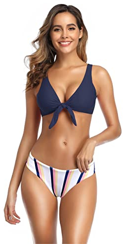 SHEKINI Costume da Bagno Donna Ties-up Regolabile Elegante Colletto Basso Costumi Due Pezzi Donna Triangolo Vita Bassa Sportivo Fondo Bikini da Spiaggia(L,Blu Scuro)