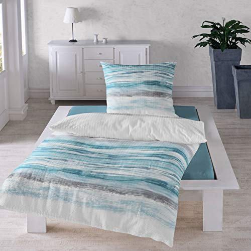 Traumschlaf Seersucker Bettwäsche Set •Bügelfrei• Erfrischendes Wellendesign luftig leichte Bettwäsche Sommer in türkis grau mit Reißverschluss • 200x220 cm + 2X 80x80 cm