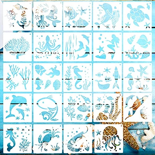 24Pcs Schablonen Kinder Schablonen Zeichnen Stencil Schablonen Wiederverwendbar Meer Tier Malerei Schablonen Zeichenschablonen Kunststoff Malschablone zum Malen/Wanddeko/Scrabooking-13x13cm