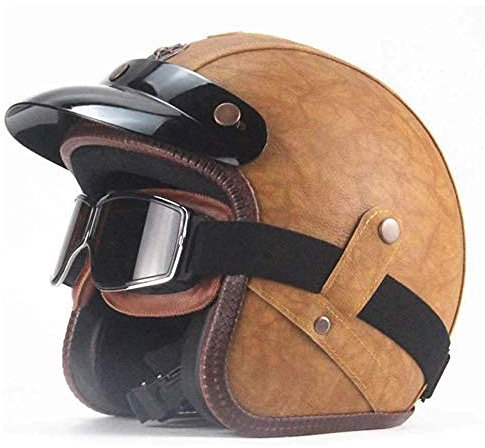 MRDAER Motorrad-Motor-Auto-PU-Leder-Halbhelm, ECE-zugelassen, Vintage-Jet-Helm handgefertigter Persönlichkeit Retro-Helm, mit Sonnenblende und Schutzbrille, S-XXL (55-64CM)