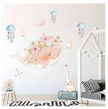 caihuashopping Wandtattoo Rosa Whale Kranz Quallen Wandaufkleber for Kinderzimmer Kindergarten Dekoration Tapete Peel & Stickvinyl Kind DIY. Aufkleber Wandbild Wandaufkleber