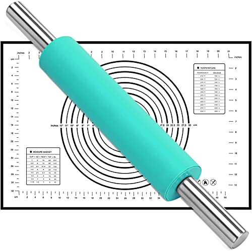 Bwelcam Nudelholz Nudelrolle,Silikon Teigroller mit Backmatte,Antihaft Rolling Pin aus Edelstahl mit Griffe, Backunterlage und Teigrolle für Pizza, Nudeln, Kuchen, Zuckerguss