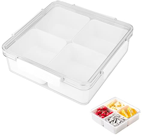 Rhinocerosdance Platos Aperitivos 4 Rejillas Snack Bandeja Frutero con Tapa, Plato Compartimentos Retirable Cuencos Aperitivos Cajas de Fruta Almacenamiento de Alimentos, 20 X 6,5 Cm, Cuadrado