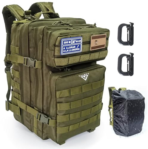 VALSKY® Mochilas Militares Molle 45L con Parche Bandera de España + Dos mosquetones + Funda impermeable - Mochila Táctica Militar.