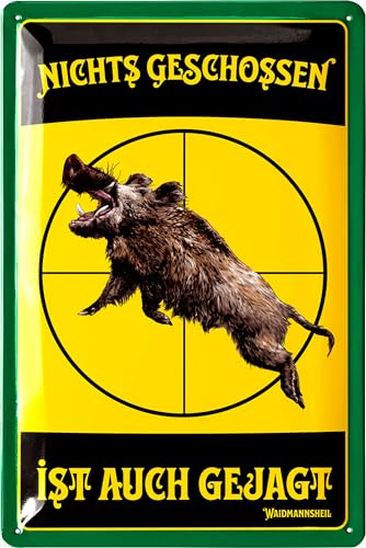 LANOLU Jäger Blechschild retro - Schild Jäger als Geschenk für Männer mit lustigem Jagd Spruch - NICHTS GESCHOSSEN IST AUCH GEJAGT - Schützenfest Deko - vintage Metallschild, 20x30 cm