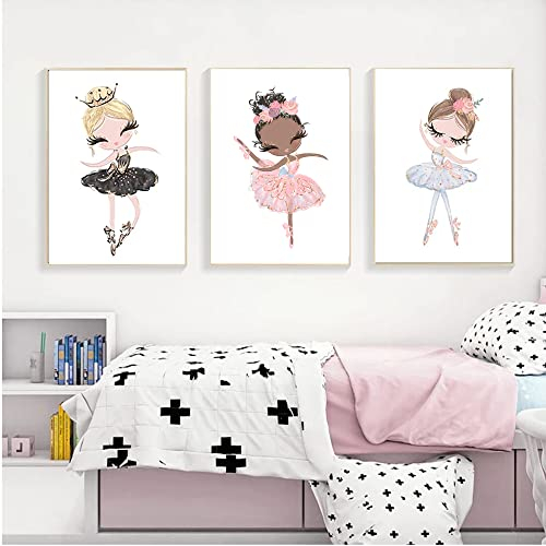 3 Posters Mädchen Kinderzimmer Deko Bilder Ballerina Kinder Tanzmädchen Illustration Babyzimmer Heim Dekora Wanddekoration Leinwanddrucke Geschenk 30 x 40 cm kein Rahmen