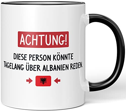 JUNIWORDS Tasse, Achtung! Diese Person könnte tagelang über Albanien reden, Schwarz (1006143)