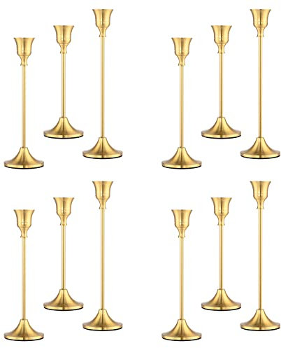 Kerzenhalter für Spitzkerzen, Set mit 12 Messing-Gold-Kerzenhaltern, Vintage-Moderner Kerzenhalter, dekorativ für Zuhause, Hochzeit, Tisch, Kaminsims, Party, Jubiläum
