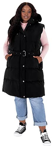 Lovedrobe Ladies Womens Gilet Sleeveless Winter Jacket Coat Body Warmer Plus Size with Belt Pockets Faux Fur Hood Collar Veste De Tailleur, Black, 18 Femme