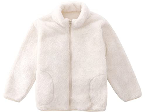 ANIMQUE Bambini Giacca in Pile Corallo Colletto in piedi Cappotto con Cerniera Genitore-Bambino Autunno Inverno Transizioni Stagioni Capispalla Caldo e Morbido con Tasche per 1-15 Anni, Bianco 150