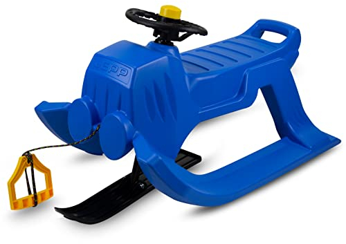 Prime Garden® FUORISTRADA Volante Kinderschlitten Schlitten Kunststoffschlitten Lenkschlitten für Kinder mit Zugseil Metallkufen Lenkung (Blau)