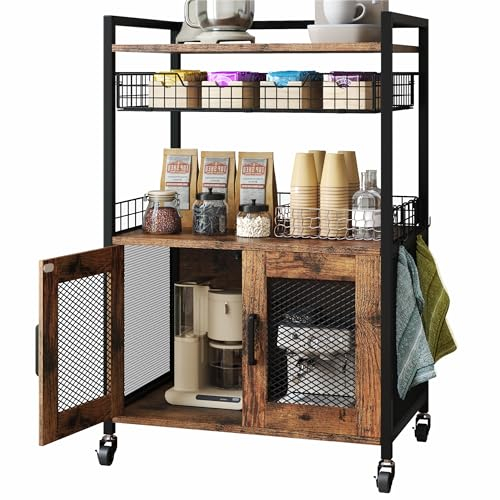 Hencawima Coffee Bar Cabinet, 3 Tier Coffee Station Table on Wheels, 35.9 H Bar Cart with Wire Basket Drawer & 5 Hooks for Home Kitchen, Liquor Buffet Sideboard Cabinet (Rustic Brown)