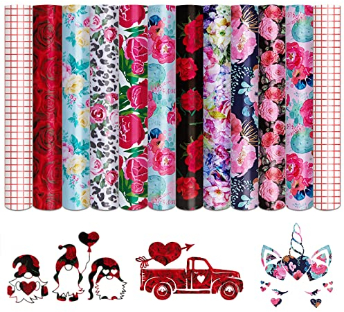 Tintnut Permanent Vinyl - 10 Sheets 12x10, Flower Permanent Adhesive Vinyl Sheets, Rose Floral Pattern Self Sticker Water proofing Vinyl
