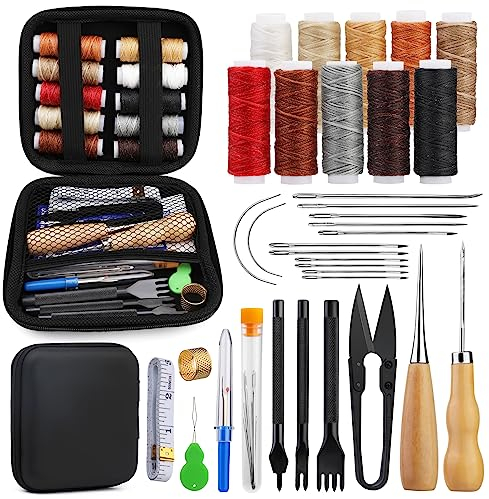 Leder Nähen Werkzeuge und Zubehör, Lederhandwerk Machen Nitlak Leder-Nähset, Lederpolster-Reparaturset, Leder-Nähwerkzeuge mit gewachstem Faden, Leder-Nähset für DIY-Lederhandwerksprojekte