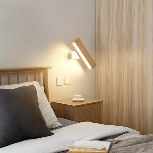 SENQIU Wandleuchte LED Innen, Moderne Weiße Wandleuchte Holz 4W, 360 ° Drehbar 3000K Led Wandbeleuchtung Innen für Schlafzimmer, Wohnzimmer, Flur, Treppe Verwendet, Warmes Licht, (21CM)