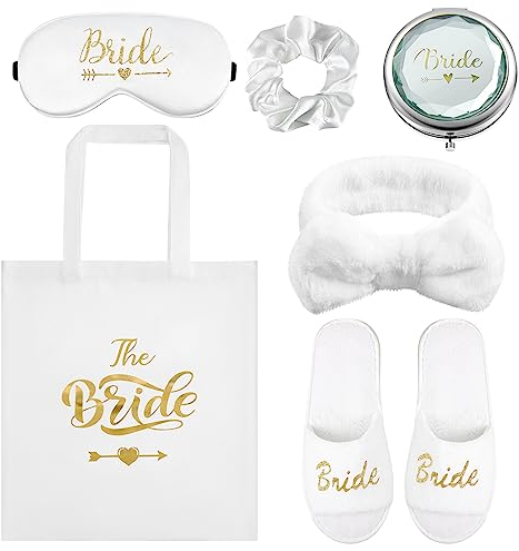 Hestya 6 Pcs Cadeaux de Douche Nuptiale Comprenant Pantoufles, Chouchou Rose, Bandeau des Cheveux, Sac Fourre-Tout, Masque des Yeux en Soie, Miroir de Maquillage pour Mariée Mariage(Or)