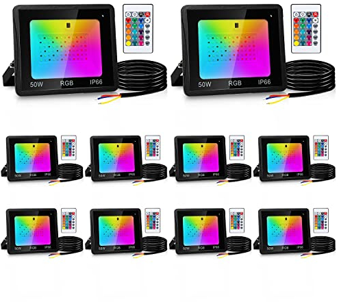 Cecaylie Foco LED RGB para exteriores, 10pcs 50 W Proyector RGB Exterior con mando a distancia, regulable, 16 colores 4 modos IP66, resistente al agua, función de memoria para Terraza