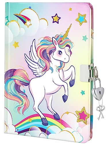 WERNNSAI Einhorn Tagebuch Mädchen - Glitzer Notizbuch Einhorn Notizbuch Geschenk für Kinder Reisen Private Journale Schule Hefte A5 Liniert Memos Schreiben Zeichnen Notizblock mit Schloss Schlüsseln