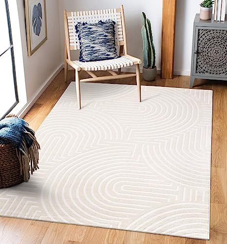 TT Home Wohnzimmer Teppich Kurzflor Boho Skandi Bogen Motiv Unifarben Hoch-Tief-Effekt, Farbe:Beige, Größe:120x170 cm