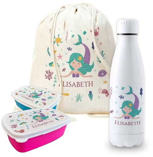 Pack vuelta al cole diseño sinerita botella personalizada + mochila saco personalizada + fiambrera personalizada con foto y/o texto para el colegio o guardería. Caja merienda libre BPA
