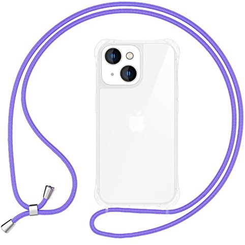 NALIA Klares Hybrid Cover mit Kette kompatibel mit iPhone 15 Hülle, Durchsichtig Robust Anti-Gelb Hardcase & Silikon Rahmen Verstärkte Ecken, Stoßfeste Schutzhülle mit Handykette, Farbe:Lila