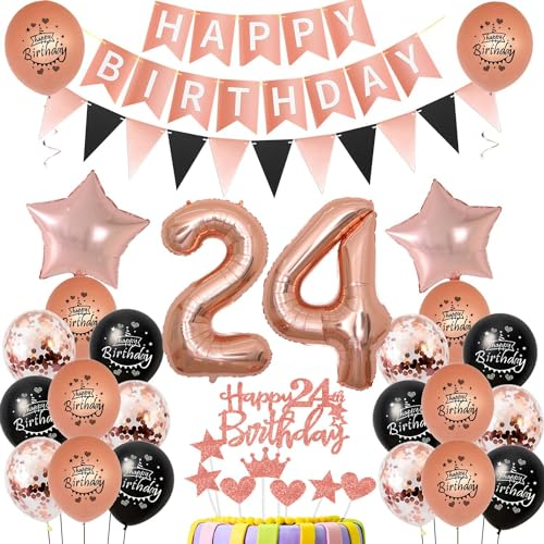 Décoration 24 ans Femme anniversaire Ballon,rose gold Décoration gâteau anniversaire 24 ans Femme Ballon Décoration anniversaire 24 ans Femme noir Or rose,Décoration 24 ans anniversaire Femme