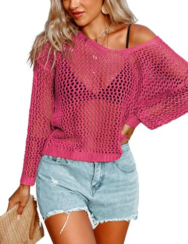 AI'MAGE Damen Häkeloberteil, langärmelig, ausgehöhlt, Badeanzug, Strand-Bikini, Badeanzug, Sommer-Tunika, Oberteil, Rosenrot, Groß