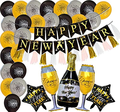 Happy New Year Deluxe Dekoration Schwarz Gold Folienballon Neujahr Deko Silvester Party Dekoration Neujahr Ballons Happy New Year Silvesterparty Silvester champ flasche Sektglas Happy New Year Set