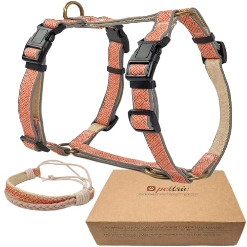 Pettsie No-Pull Hundegeschirr, reflektierend, 4 verstellbare Riemen, einfache Kontrolle mit 2 Leinenclips, passendes Freundschaftsarmband, weicher Hanf für empfindliche Haut, L, Orange