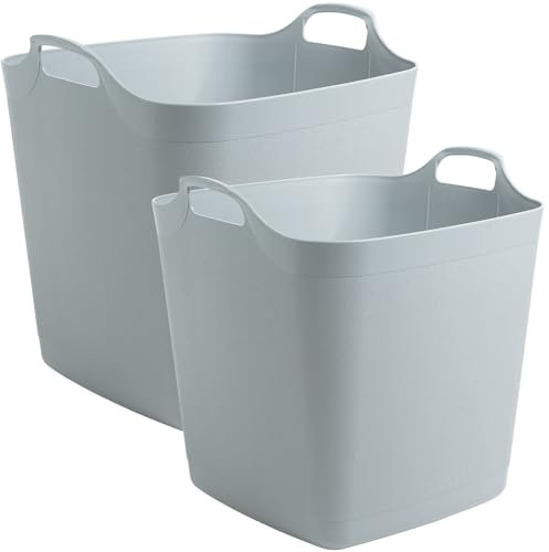 SAVING HUB 2 Pcs Flexi Tub 40L | Heavy Duty Home Garden Flexible Tubs | Multipurpose Square Container Bucket | 2 Handled Recycled Tub Cool Grey Plastic | Laundry Toys Storage Shelving Tubs