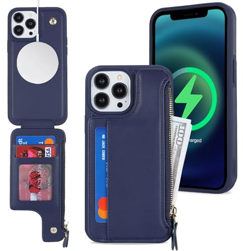 SailorTech iPhone 15 Pro Case with Credit Card Holder magsafe, iPhone 15 Pro Phone Leather Case Wallet for Women Compatible mag safe Card Slots Zipper Shockproof Case for Men - Blue
