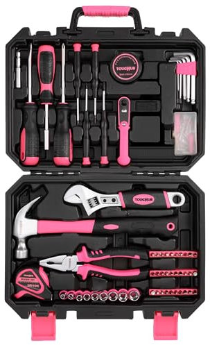 ToughHub 100 Pcs Pink Tool Kit – DIY Hand Tool Set for Home Repairs & Maintenance - Tool Box with Tools Included Plier, Hammer, Adjustable Wrench, and Hex Key Set (2.96, Kilograms) (Pink, 100)
