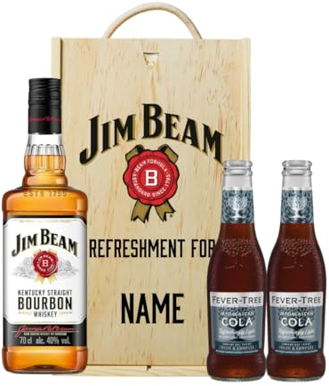 Personalised Jim Beam American Bourbon Gift Set – 70cl (40% ABV) in Wooden Box with Two Fever-Tree Cola – Whiskey Gift for Him, Birthday, Christmas & Bourbon Lovers