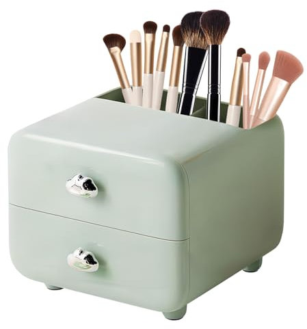 DASITON Organisateur Maquillage Multifonctionnel avec 2 Tiroirs,Rangement Pinceaux Maquillage à 2 Compartiments,Organisateur de Cosmétiques, Rangement Cosmétique pour Parfums,Pinceaux,Bijoux(Vert)