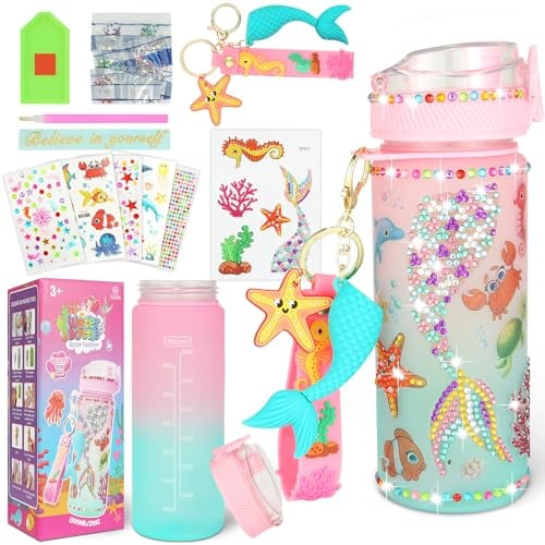 MUSUNFE Decorate Your Own Water Bottle Kits for Girls Age 4 5 6 7 8 9 10 11, Mermaid Gem Girls Diamond Painting Crafts, Fun Arts and Crafts Gifts Toys for Girls Birthday (Mermaid)