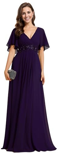 Ever-Pretty Vestito Donna Elegante Scollo a V Maniche a Volant Stile Lungo Abito Cerimonia Donna Chiffon Chic Viola Scuro 44