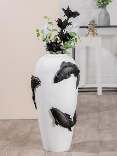 Casablanca Deko Vase groß Bodenvase - Vase XXL mit Koi Fischmotiv - Blumenvase aus Kunstharz - Dekoration Wohnzimmer Farbe: Weiß Schwarz Höhe 73 cm