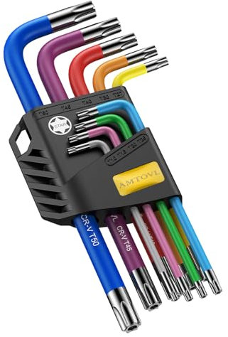 AMTOVL Torx Key Set, 9 PCS Torx Allen Wrench Set, Star Allen Wrench Set, T10-T50 Long Arm Star Key Set, Color Coding CRV and S2 Steel for Vehicle, Bicycle Repairs