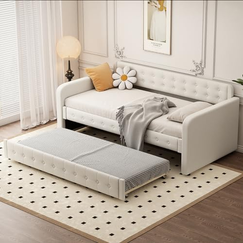 Dolamaní Schlafsofa Klein mit Bettkasten 90x200 cm, Tagesbett Ausziehbares Bett mit Rollen, Ausziehbett Schlafsofa Kinder Jugendliche Erwachsene Gäste (Light Beige)