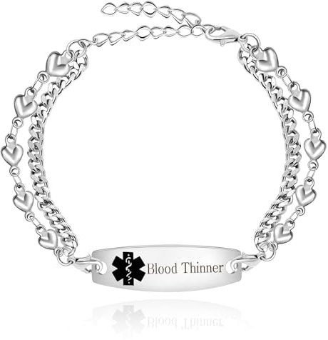 Zircobic Universelles Medizinisches ID-Armband Edelstahl Blutverdünner Identifikationsarmband Armbänder für Herren Damen mit Doppelkette Schwarzes Symbol Edelstahl Schmuck 7,5+2 YA3989