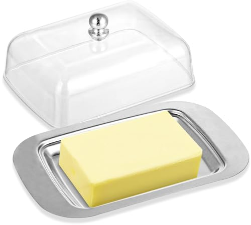 FHISKUNYU Mantequera, con tapa y asa Mantequera de acero inoxidable,para 250 g de mantequilla, adecuada para guardar queso, platos fríos, pasteles, postres,Frutas
