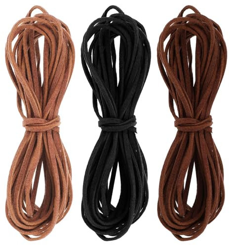 Piriuuo Lot de 3 rouleaux de cordon en cuir plat - 10 m x 3 mm - Pour bricolage, artisanat, porte-clés, bracelets, colliers, lacets, emballages cadeaux (kaki, marron, noir)
