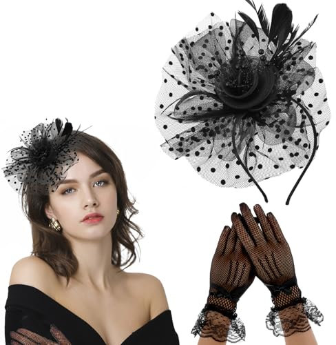 Sibba Fascinator Hut Damen Pillbox Hüte Stirnband mit Spitze Handschuhe Mesh Blume Feder Haarband Vintage Kopfschmücke Schleier Brautschmuck Haar Clip Cocktail Headwear für Tea Party Karneval Stil C