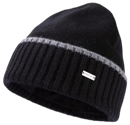 TOP-EX XL/XXL 100% Merino Wolle Winter Beanie Herren Damen Warme Wintermuetze Fleece Futter Wollmuetze Strickmuetze Schwarz M/L