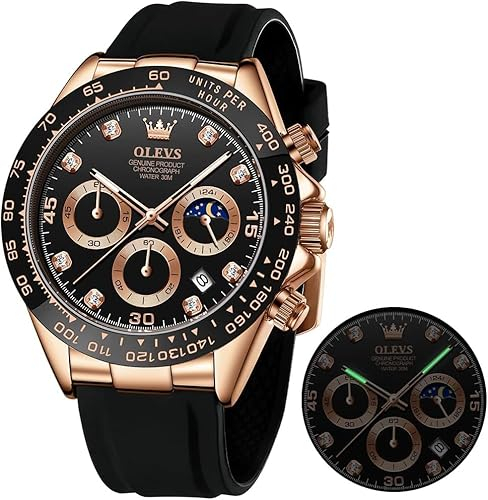 OLEVS Herrenuhr Business Luxus Diamond Moon Phase Männliche Uhr Chronograph Schwarz Zifferblatt Mode Kleid wasserdichte Datum Analoge wasserdichte Männer Armbanduhr