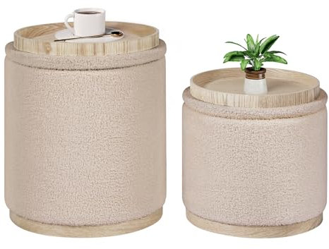 Bonlife Round Beige Ottoman with Storage Set of 2,Makeup Vanity Stool Chair,Ottoman Coffee Table for Living Room,Bedroom,Dining Room,39x39x44cm
