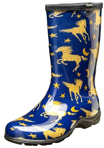 Sloggers Waterproof Garden Rain Boots for Women - Cute Mid-Calf Mud & Muck Boots with Premium Comfort Support Insole, (Horse Stars Blue), (Size 9)